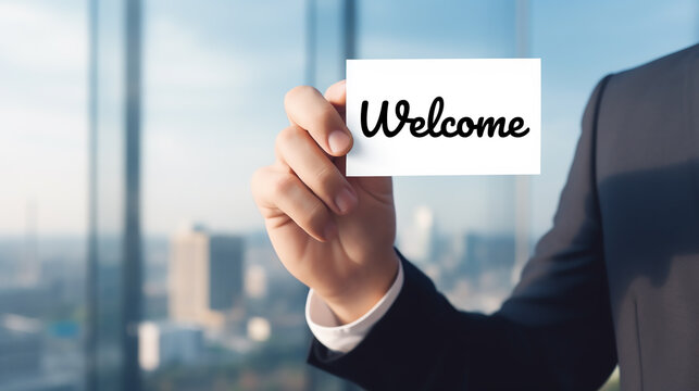 A Warm Welcome Extended by a Businessman's Hand Against the Office Building Backdrop