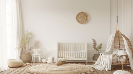 Nursery mockup, children room interior, neutral tones