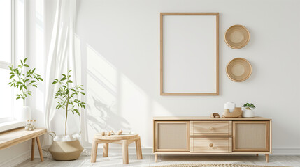 Nursery mockup, children room interior, neutral tones