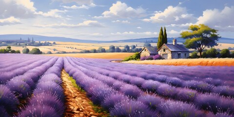 idyllic lavender field with house