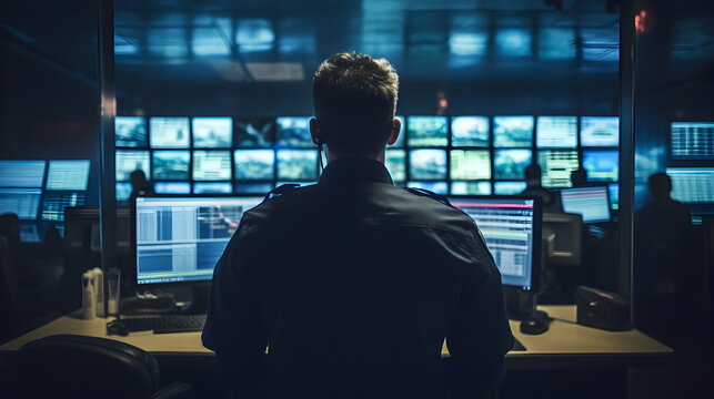 A Dedicated Police Man sitting in a emergency response 911 Call Center