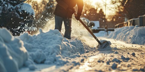 A person using a shovel to remove snow. This image can be used to illustrate winter weather conditions and the act of snow removal