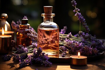 Obraz na płótnie Canvas Lavender essential oil with lavender flowers on a rustic wooden background with copyspace. A glass bottle with a cork with buds infusing, Generative AI