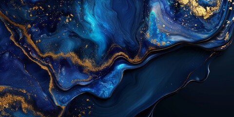 An abstract fluid art piece with swirling blue and gold patterns.