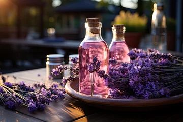 Wandaufkleber Lavender essential oil with lavender flowers on a rustic wooden background with copyspace. A glass bottle with a cork with buds infusing, Generative AI © Анатолий Савицкий