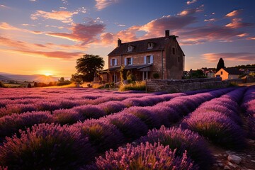 Beautiful lavender field with long purple rows, Generative AI