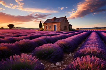 Beautiful lavender field with long purple rows, Generative AI