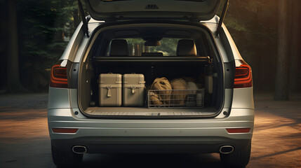 Open trunk of a modern SUV car with luggage