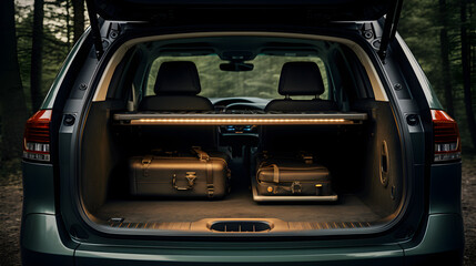 Open trunk of a modern SUV vehicle with luggage
