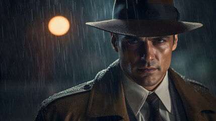 Portrait of 40s detective wearing hat stand under the rain