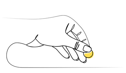 continuous one line drawing of a hand with coins. vector