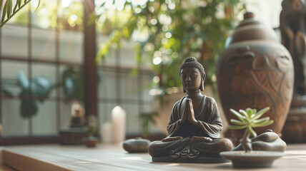 buddha statue in the temple. Ancient sculpture of a buddah for religious buddhist wallpaper. Spiritual zen yoga concept for, picture on spirituality, meditation and peace. Calming image for spa - obrazy, fototapety, plakaty