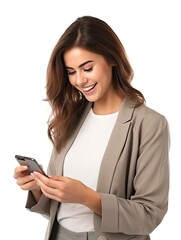 Fototapeta premium Beautiful woman holding cell phone on white background, Generative AI
