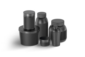 Blank black protein can, bottle and shaker mockup, side view