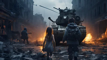 Poster Two homeless little kids walk over in a destroyed city, soldiers and helicopters and tanks are attacking the city © Trendy Graphics
