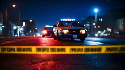 Yellow law enforcement tape isolating crime scene with blurred view of city street, toned in red and blue car lights of police