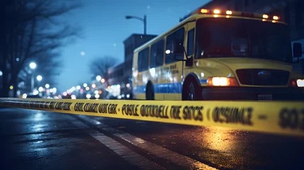 Foto auf Alu-Dibond Yellow law enforcement tape isolating crime scene with blurred view of city street © Trendy Graphics