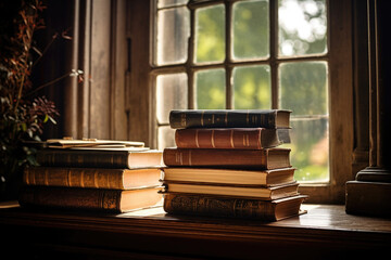 Stack of antique old books on wooden desk next to the window