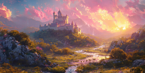 A castle on a hill with a background of pink sunshine