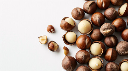 Obraz premium Shelled and unshelled macadamia nuts on white background