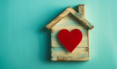 vintage wooden house icon with red heart on aqua backdrop