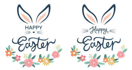 Happy Easter text lettering оn spring floral background. Happy Easter sign with bunny ears. For Pascha logotype, badge, postcard, card, invitation, poster, banner. Vector season greeting.