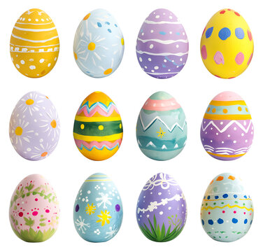 Collection of colourful hand painted decorated easter eggs on transparent background cutout, PNG file. Pattern and graphic set. Many different design. Mockup template for artwork design