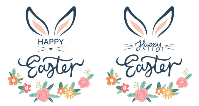 Happy Easter text lettering оn spring floral background. Happy Easter sign with bunny ears. For Pascha logotype, badge, postcard, card, invitation, poster, banner. Vector season greeting.