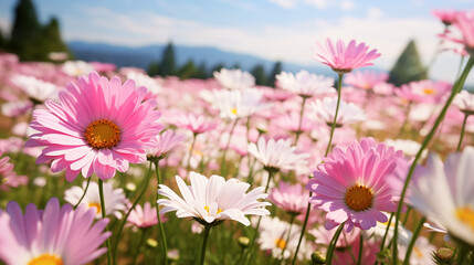 Meadow with lots of white and pink spring daisy flowers in sunny day, Ai generated image