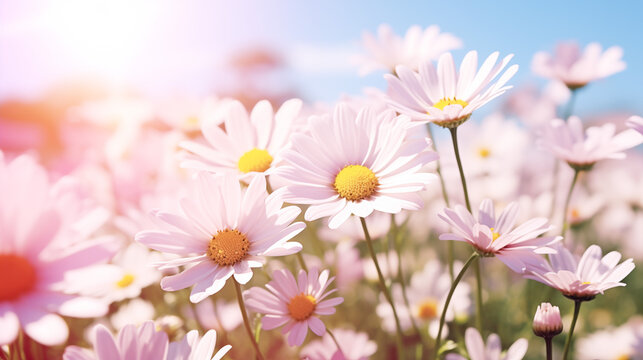 Meadow with lots of white and pink spring daisy flowers in sunny day, Ai generated image