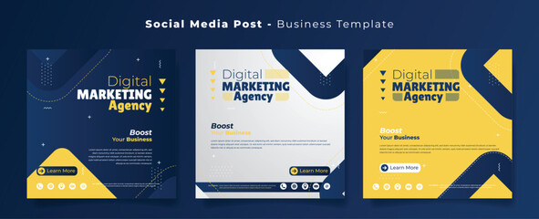 Social media post template in blue yellow and white with rectangle background for advertising design