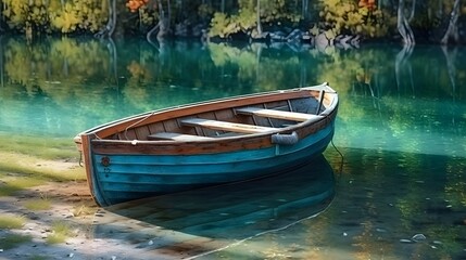 Holzboot im Bergsee, Bright color, ultra realistic