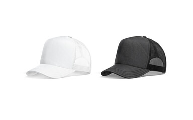 Blank black and white trucker hat mockup, half-turned view