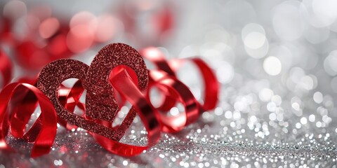 Valentines Card - Red Ribbon Shaped Hearts On Silver Shiny Background With Lights. 