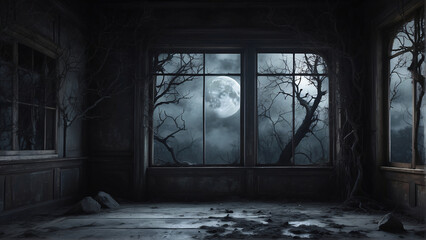 Fototapeta na wymiar old building room window with moon background