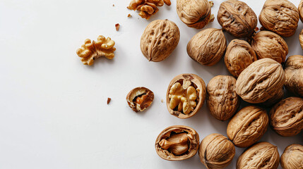 Walnut kernels and whole walnuts on white background, top view