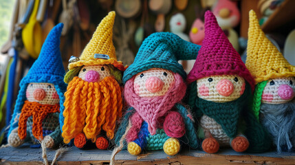 Knitted gnome figurines with different colored hats and beards, displayed on a wooden surface. Each gnome has a tall, pointed hat in various shades including blue, yellow, teal, pink, and yellow.