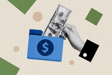 Creative collage image illustration black white effect people arm hold put banknote dollar envelope...
