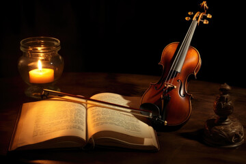 Old violin at the table with books and candles, still life