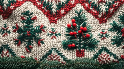Fototapeta na wymiar Knitted Christmas and New Year wool pattern. Knitted Christmas tree. Close-up of Sweater Design. 