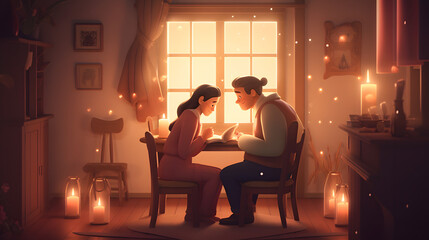 Fototapeta na wymiar Cozy Intimacy: A Couple's Quiet Evening by Candlelight AI-Generative