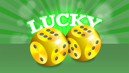 Vector gaming poster. 3D gold game cubes on a green radiant glowing background. Bokeh effect. Inscription, lucky. Double sixes came up. Casino golden dice. Winner, prize.
