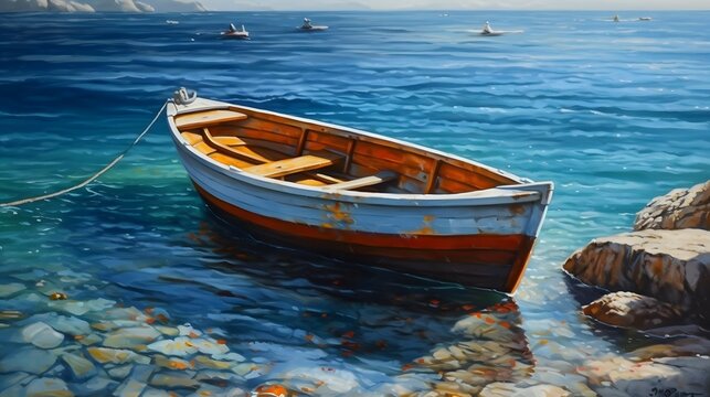 romantischer Holzanker am Meer, Bright color, ultra realistic