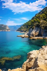 Fototapeta na wymiar Sun shines to beautiful bay with a small beach and views of the blue sea and rocks