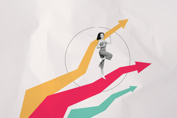 Photo image creative picture young happy girl going upwards towards success goal target...