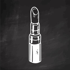 Hand-drawn lipstick, beauty cosmetic element, self care. Illustration for beauty salon, cosmetic store, makeup design on chalkboard background. Doodle sketch style. 