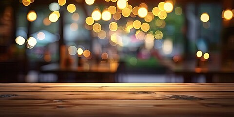 Festive city night. Blurred bokeh lights on wooden table creating abstract and modern background perfect for christmas parties and celebratory events. Urban celebration