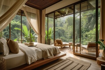 A cozy bedroom with large windows offering a view of the lush jungle outside.