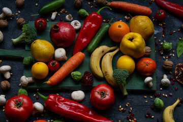 Winter Fruits ; Banana, Lemon, Broccoli, Tomato, Cucumber, Quince, Pear, Mandarin, Mushroom, Red Paprika, Carrot, Pamegranate and Orange Photo, Uskudar Istanbul, Turkiye (Turkey)