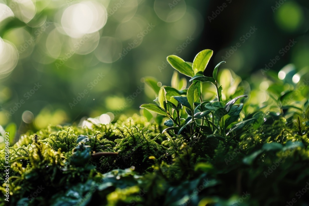 Poster a detailed view of a plant growing on a surface covered in moss. this image can be used to depict th